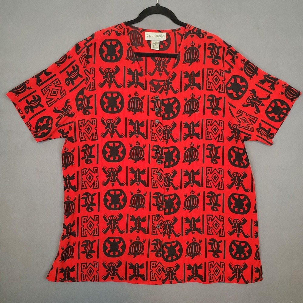 CST Studio Womens 1X Red V-Neck Blouse Wearable Art Black Animals Tribal Print *